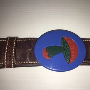 Rare Miu Miu Tan Brown Leather Belt with Multi Colour Mushroom Buckle Vintage